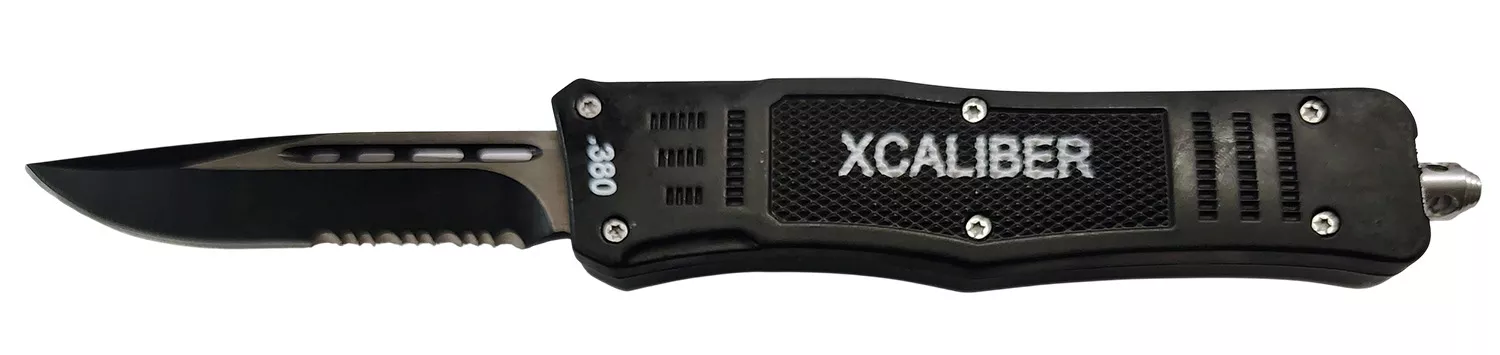 Xcaliber Knife Company380 ACPMedium 3.25″ OTF Part Serrated Black 440C SS Blade, 4.64″ Steel Handle