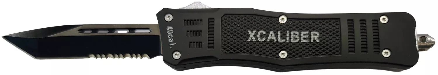 Xcaliber Knife Company40 CalMedium 3.25″ OTF Tanto Part Serrated 440C SS Blade, 4.64″ Steel Handle