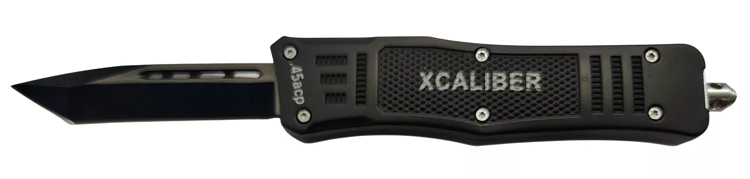 Xcaliber Knife Company45 ACP3.25″ OTF Tanto Plain Black 440C SS Blade, 4.64″ Steel Handle