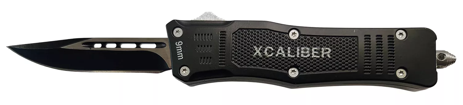 Xcaliber Knife Company9mmSmall 2.75″ OTF Drop Point Black 440C SS Blade, 3.91″ Steel Handle