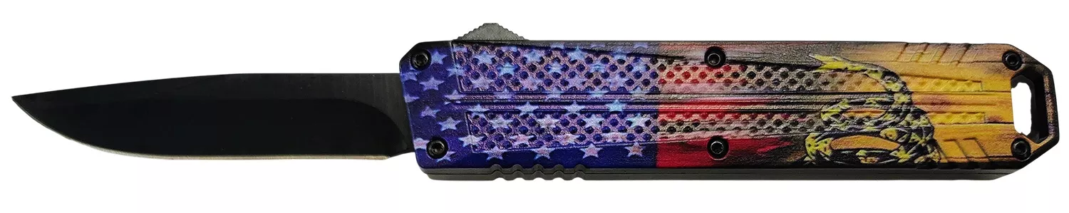 Xcaliber Knife CompanyDon’t Tread on MeMedium 3.20″ OTF Drop Point Plain Black 440C SS Blade, 4.80″ US Flag Aluminum Handle