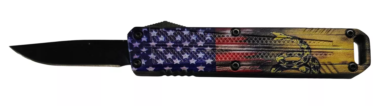 Xcaliber Knife CompanyDrop PointMini 1.80″ OTF Drop Point Plain Black 440C SS Blade, 3.52″ US Flag Aluminum Handle